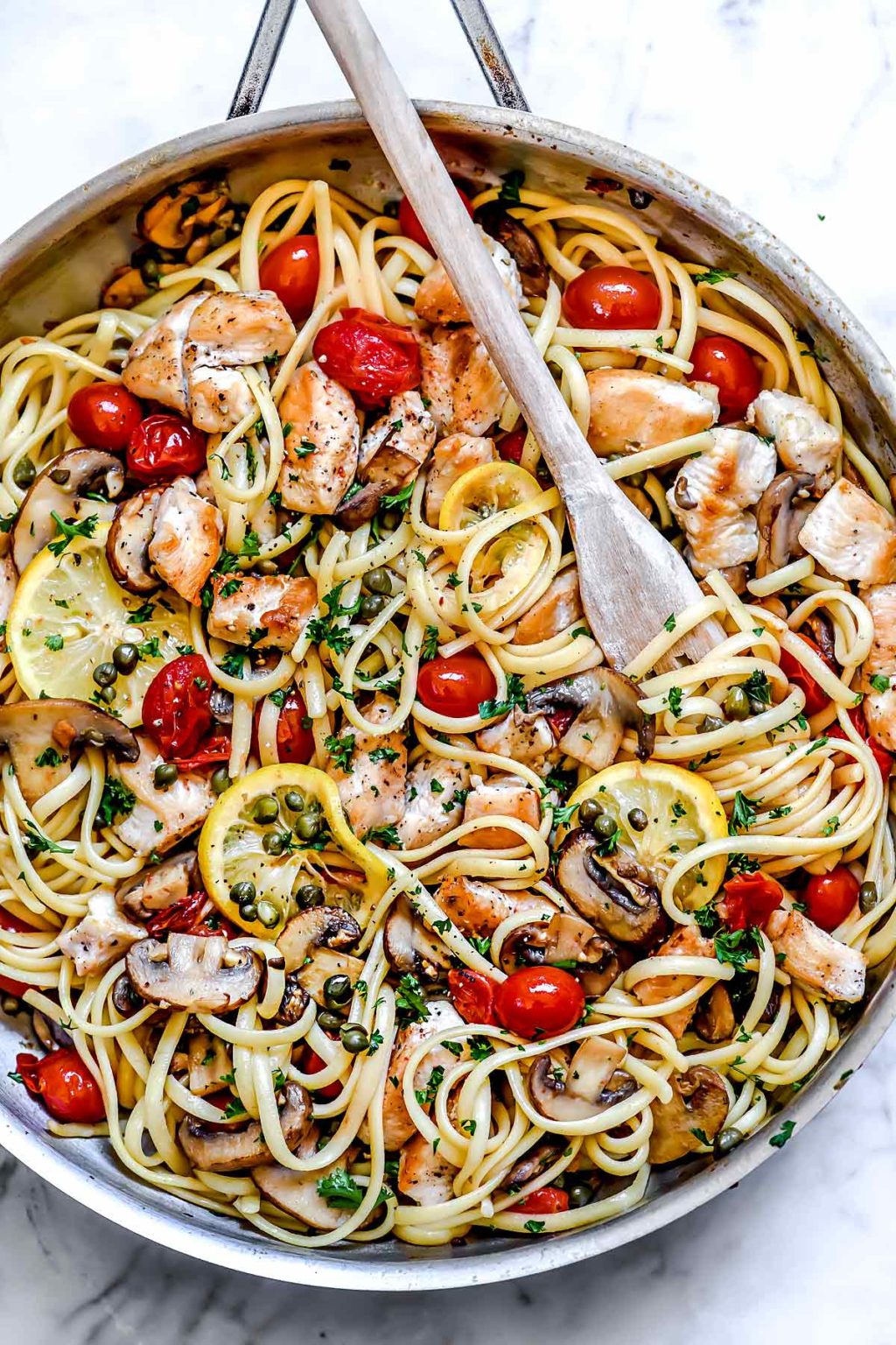 Chicken Piccata Pasta with Tomatoes and Mushrooms| foodiecrush.com