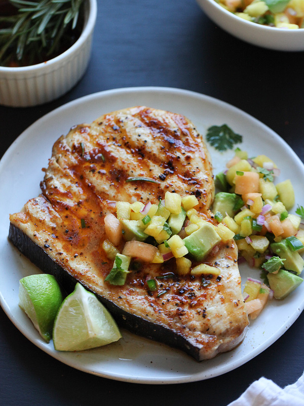 Grilled Swordfish with Smoked Paprika and Herbed Fruit Salsa - foodiecrush
