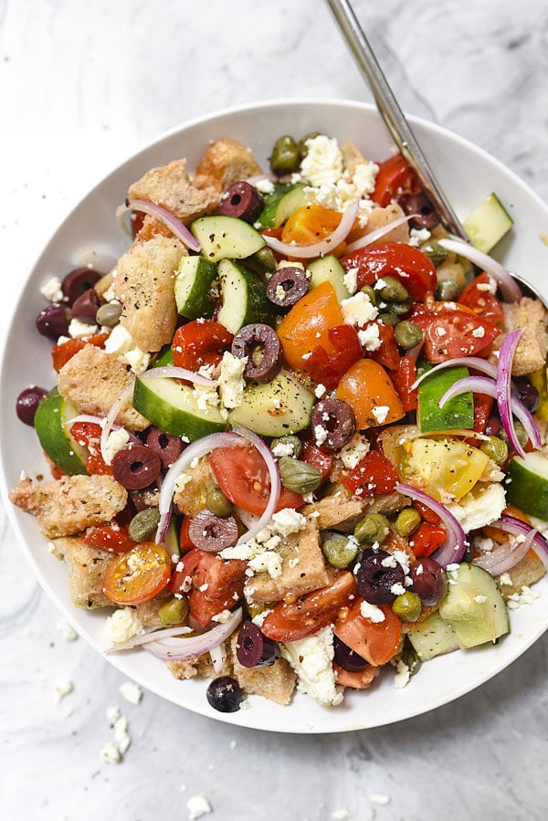 Greek-Style Panzanella Bread Salad Recipe | foodiecrush.com