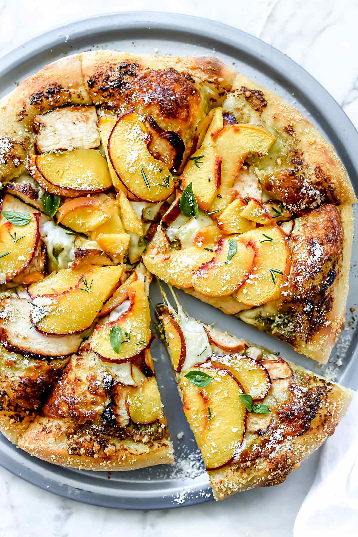 Pesto Pizza with Balsamic Chicken and Peaches | foodiecrush.com