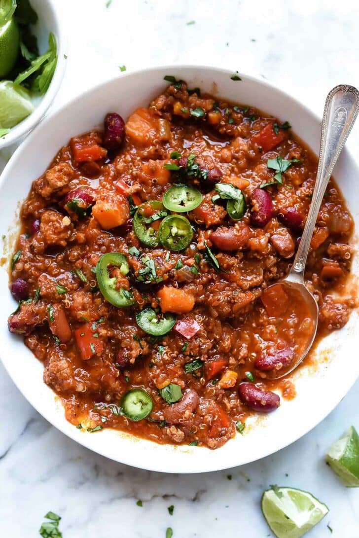 Slow Cooker Turkey Chili with Sweet Potatoes & Quinoa | foodiecrush.com