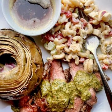 Ribeye Steak with Chimichurri and Macaroni Salad Artichoke foodiecrush.com