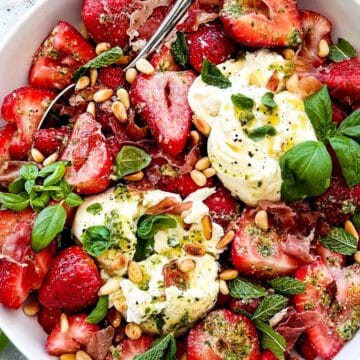 Strawberry Burrata Salad with Pesto Dressing foodiecrush.com